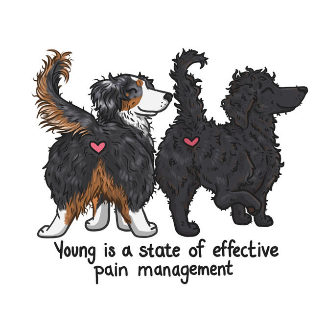 Young is a state of effective pain management. Art by Chez Louis Design. Digital cartoon drawing of Darwin & Dyson standing side by side, from the back. Their buttholes are pink hearts. Darwin has a wide stance, and Dyson a little limp on his back right leg. Under neath text reads "young is a state of effective pain management.